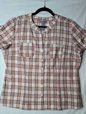 Laura Scott Plaid Embroidered Button Up Blouse Mandarin Collar Crinkled Texture